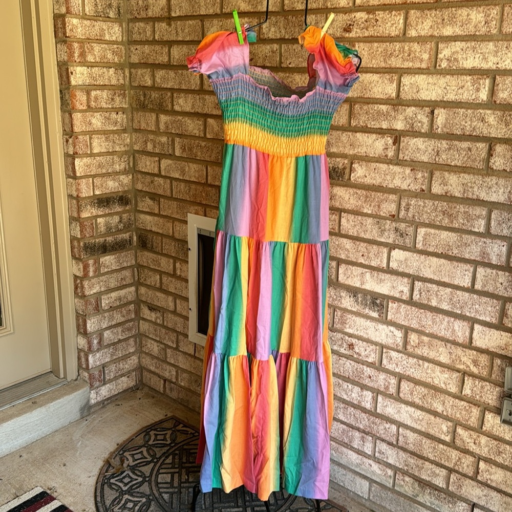 NOS Vintage Sz 14 Rainbow Dress Maxi USA Made Cotton Blend As Is Shoulde… - Picture 9 of 10